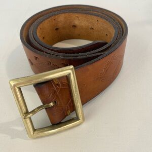 Abercrombie & Fitch Brown Tooled Diamond Leather Belt Square Brass Buckle Small